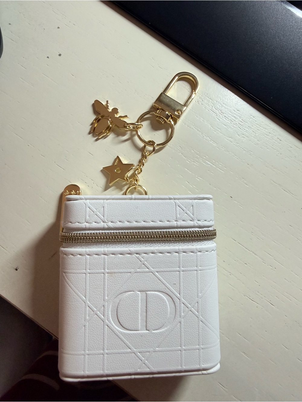 Dior White Leather Key & Card Holder with Gold Charms